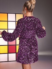 Love & Roses Purple Wrap Sequin Long Sleeve Mini Dress - Image 3 of 4