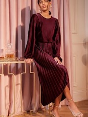 Love & Roses Berry Red Velvet Hankie Hem Long Sleeve Pleated Midi Dress - Image 1 of 4