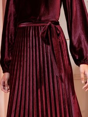 Love & Roses Berry Red Velvet Hankie Hem Long Sleeve Pleated Midi Dress - Image 4 of 4