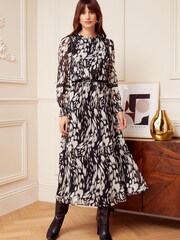 Love & Roses Black & White Texture Printed Belted Long Sleeve Midi Dress - Image 1 of 4