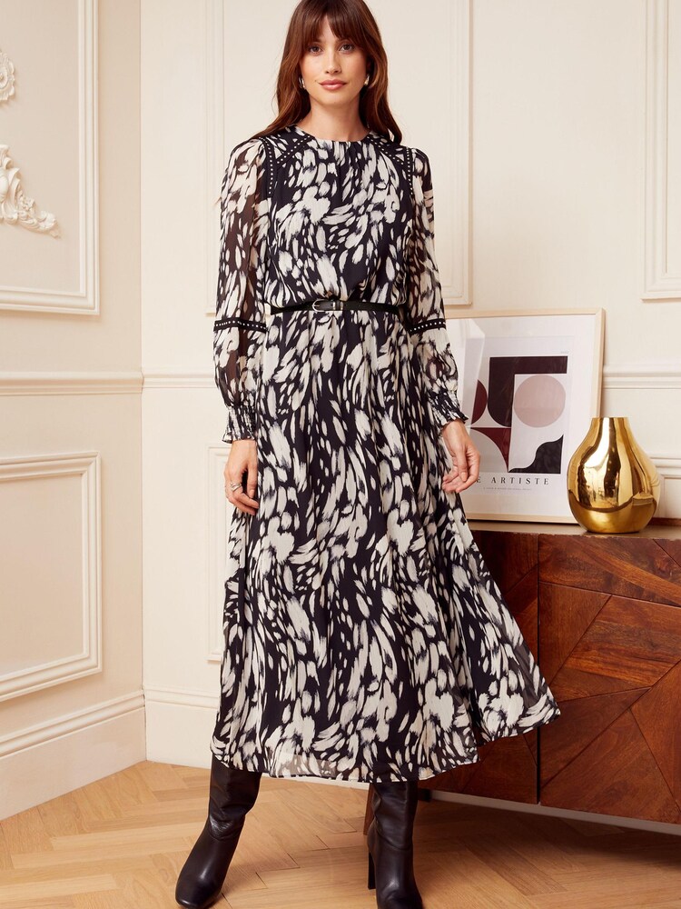 Love & Roses Black & White Texture Printed Belted Long Sleeve Midi Dress - Image 1 of 4
