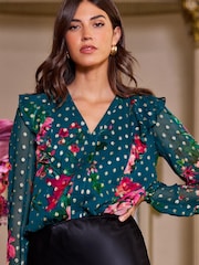 V&A | Love & Roses Teal Floral Long Sleeve Metallic Spot V Neck Ruffle Tie Back Top - Image 1 of 4