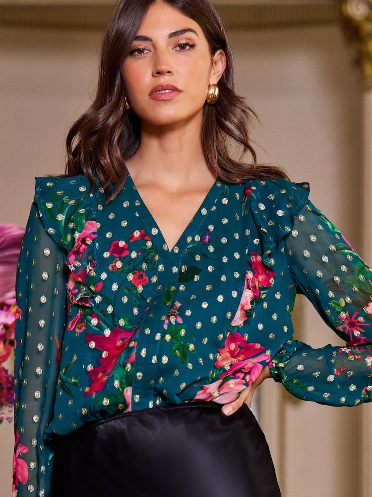 V&A | Love & Roses Teal Floral Long Sleeve Metallic Spot V Neck Ruffle Tie Back Top - Image 1 of 4