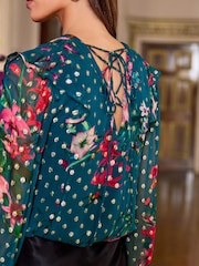 V&A | Love & Roses Teal Floral Long Sleeve Metallic Spot V Neck Ruffle Tie Back Top - Image 2 of 4
