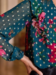V&A | Love & Roses Teal Floral Long Sleeve Metallic Spot V Neck Ruffle Tie Back Top - Image 3 of 4