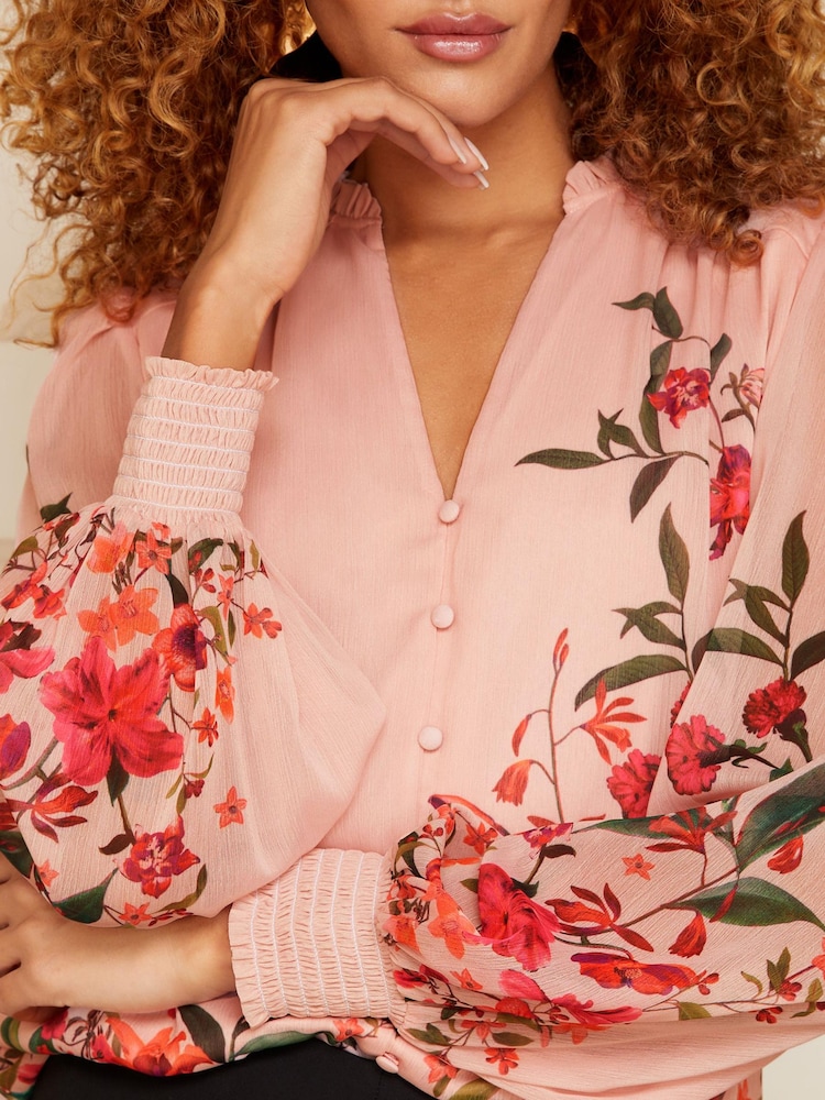 V&A | Love & Roses Pink Printed Puff Sleeve V Neck Long Sleeve Button Up Blouse - Image 2 of 4