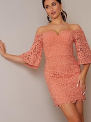 Chi Chi London Orange Petite Bardot Premium Lace Mini Dress - Image 3 of 4