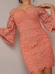 Chi Chi London Orange Petite Bardot Premium Lace Mini Dress - Image 4 of 4