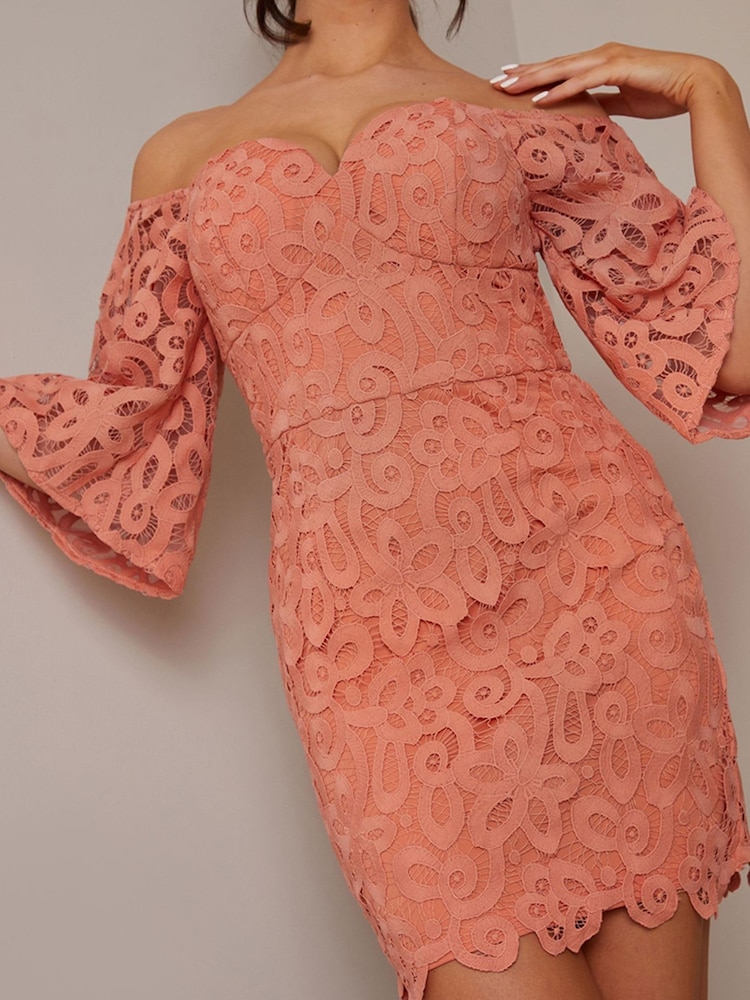 Chi Chi London Orange Petite Bardot Premium Lace Mini Dress - Image 4 of 4