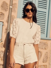 Friends Like These White Broderie Puff Sleeve Round Neck Top - Image 1 of 4
