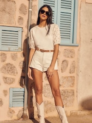 Friends Like These White Broderie Puff Sleeve Round Neck Top - Image 3 of 4