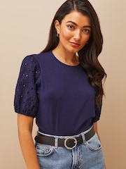 Friends Like These Navy Blue Broderie Puff Sleeve Round Neck Top - Image 1 of 4