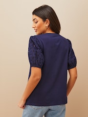Friends Like These Navy Blue Broderie Puff Sleeve Round Neck Top - Image 2 of 4