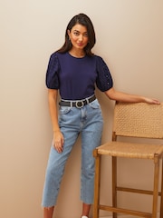 Friends Like These Navy Blue Broderie Puff Sleeve Round Neck Top - Image 3 of 4