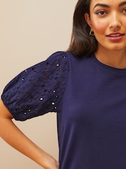 Friends Like These Navy Blue Broderie Puff Sleeve Round Neck Top - Image 4 of 4