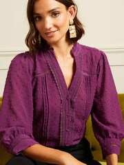 Love & Roses Purple Dobby Lace Trim Button Up Blouse - Image 1 of 4