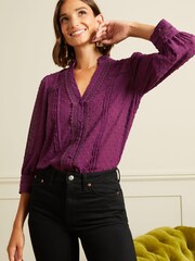 Love & Roses Purple Dobby Lace Trim Button Up Blouse - Image 2 of 4
