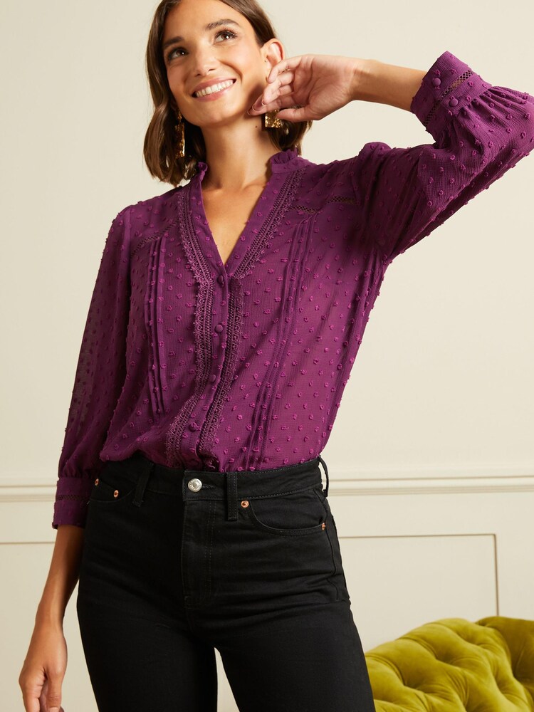 Love & Roses Purple Dobby Lace Trim Button Up Blouse - Image 2 of 4