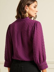 Love & Roses Purple Dobby Lace Trim Button Up Blouse - Image 3 of 4