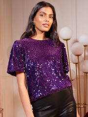 Love & Roses Purple Puff Sleeve Sequin Top - Image 1 of 4