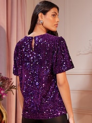 Love & Roses Purple Puff Sleeve Sequin Top - Image 3 of 4