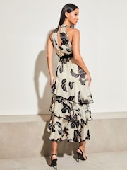 Lipsy Black and White Print Petite Petite Printed Halter Tiered Belted Midi Dress - Image 2 of 4