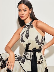 Lipsy Black and White Print Petite Petite Printed Halter Tiered Belted Midi Dress - Image 4 of 4