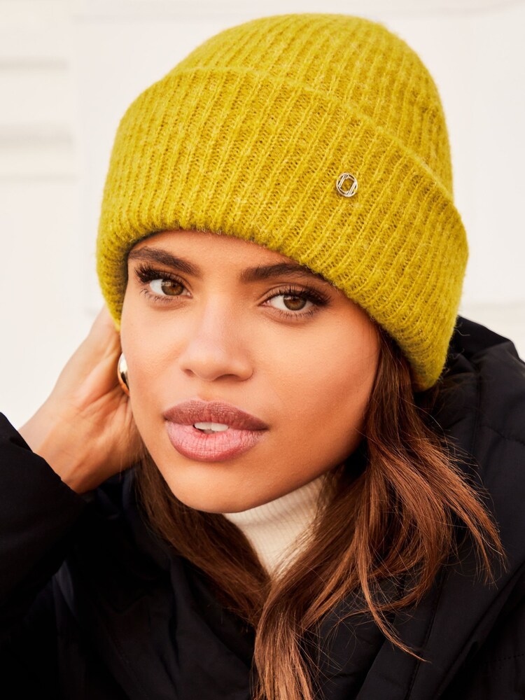 Lipsy Yellow Chunky Knitted Turn Up Beanie Hat - Image 1 of 4