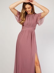 Little Mistress Pink Angel Sleeve Bridesmaid Maxi Dress - Image 1 of 3