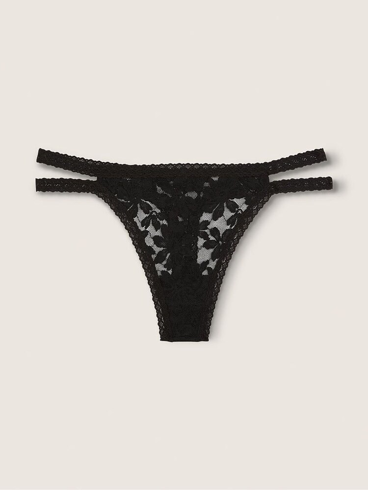 Victoria's Secret PINK Pure Black Strappy Lace Thong Knickers - Image 1 of 2