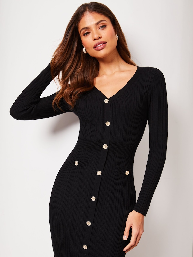 Noir - Robe mi-longue bodycon à manches longues à col en V Lipsy boutons - Image 3 of 4
