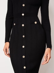 Lipsy Black Button V Neck Long Sleeve Bodycon Midi Dress - Image 4 of 4