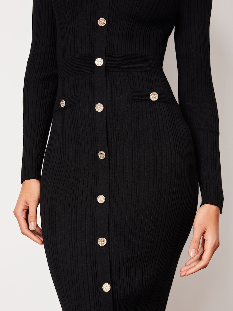 Lipsy Black Button V Neck Long Sleeve Bodycon Midi Dress - Image 4 of 4