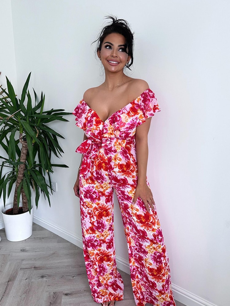 In The Style Pink Natasha Sandhu Wrap Bardot Jumpsuit - Image 1 of 4