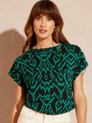 Love & Roses Green Aztec Roll Sleeve Round Neck T Shirt - Image 1 of 4