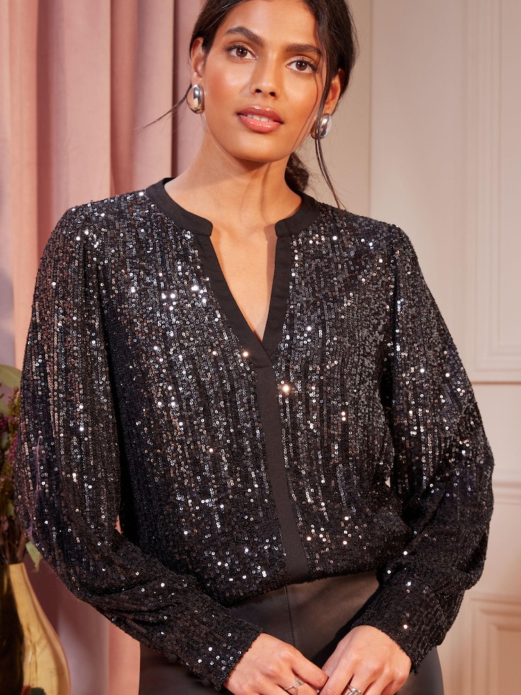 Love & Roses Black and Silver Long Sleeve V Neck Sequin Shirt - Image 1 of 4