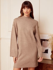 Love & Roses Camel High Neck Button Shoulder Knitted Mini Dress - Image 1 of 4