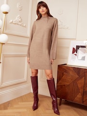 Love & Roses Camel High Neck Button Shoulder Knitted Mini Dress - Image 4 of 4