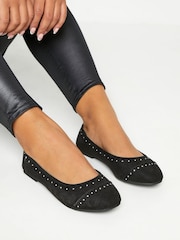 Yours Curve Black Extra-Wide Fit Diamante Ballerina Shoes - Image 1 of 5
