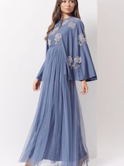 Maya Blue Modest Cape Sleeve Embellished Maxi Dress - Image 1 of 5