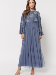 Maya Blue Modest Cape Sleeve Embellished Maxi Dress - Image 2 of 5