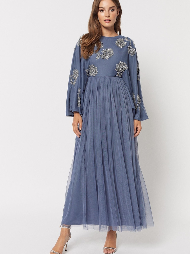 Maya Blue Modest Cape Sleeve Embellished Maxi Dress - Image 2 of 5