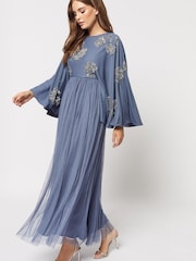 Maya Blue Modest Cape Sleeve Embellished Maxi Dress - Image 4 of 5
