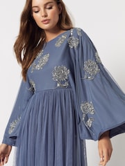 Maya Blue Modest Cape Sleeve Embellished Maxi Dress - Image 5 of 5