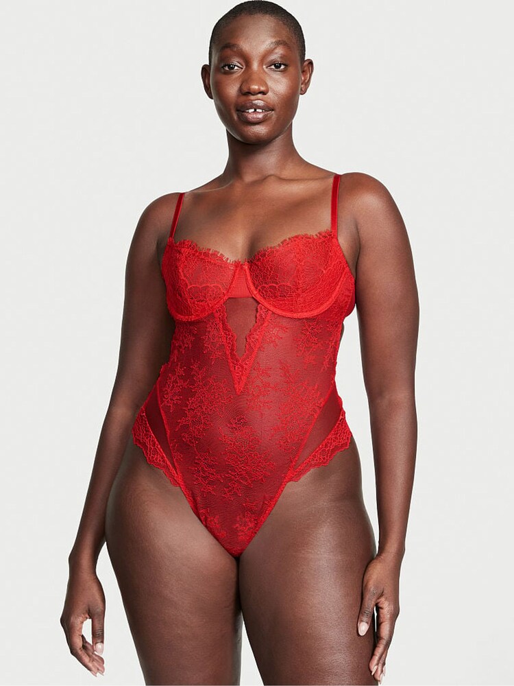 Victoria's Secret Lipstick Red Lace Unlined Balcony Bodysuit - Image 1 of 3