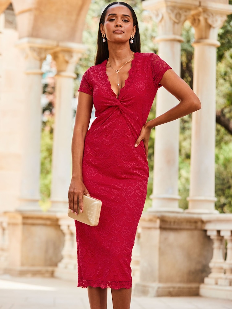 Sosandar Red Short Sleeve Lace Dress - Image 1 of 5 Sosandar Red Short Sleeve Lace Dress - Image 1 of 5