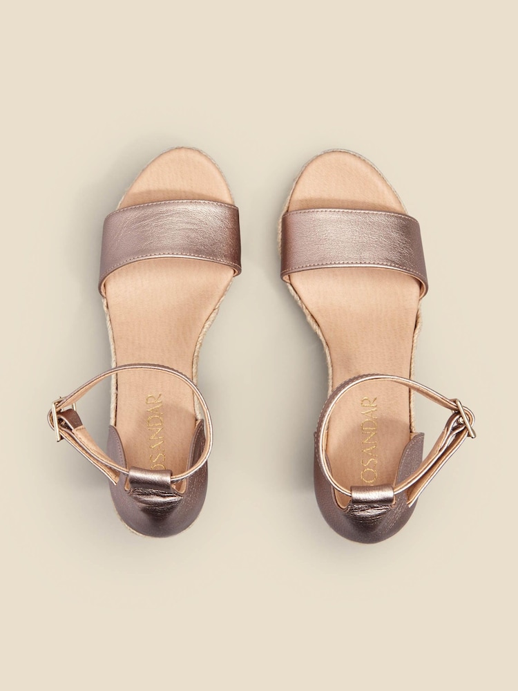 Sosandar Gold Leather High Wedge Ankle Strap Espadrille Sandal - Image 5 of 5