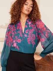 Love & Roses Teal and Pink Printed V Neck Puff Sleeve Blouse - Image 1 of 4