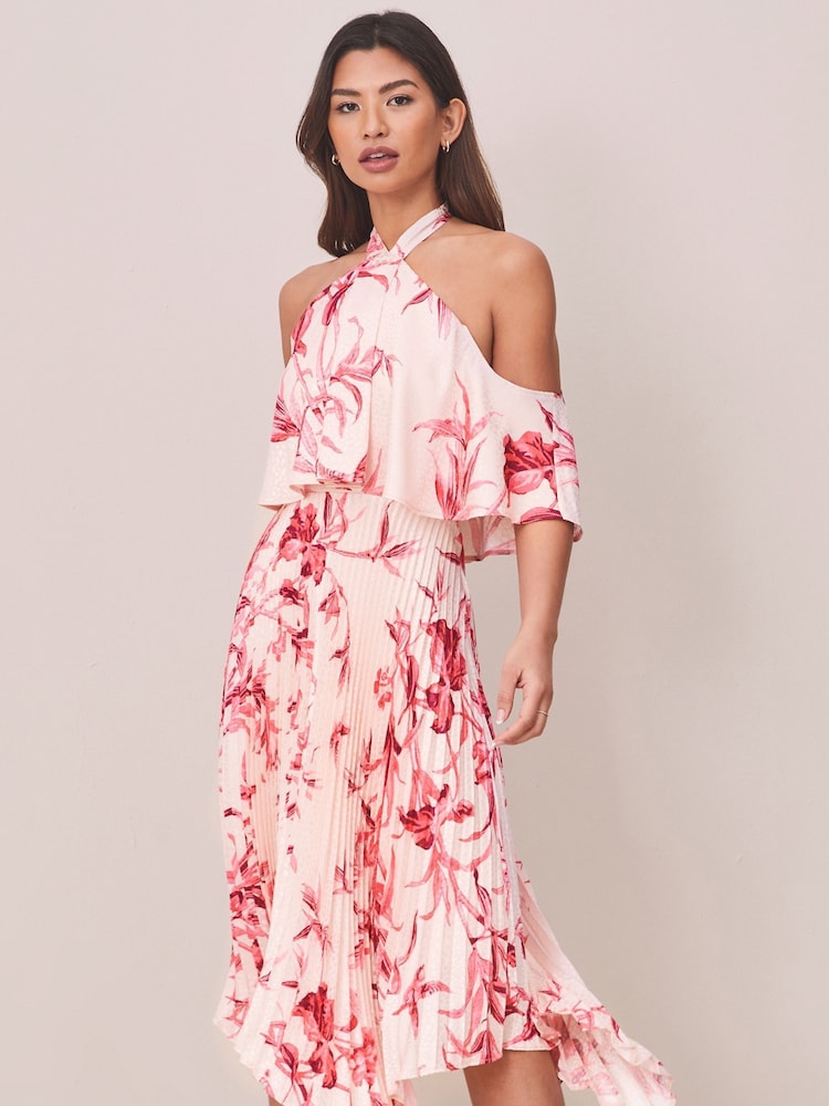 Lipsy Pink Pleated Printed Cold Shoulder Hanky Hem Midi Dress - Image 1 of 4 Lipsy Pink Pleated Printed Cold Shoulder Hanky Hem Midi Dress - Image 1 of 4