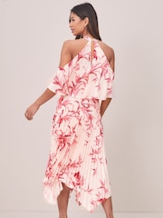 Lipsy Pink Pleated Printed Cold Shoulder Hanky Hem Midi Dress - Image 2 of 4
